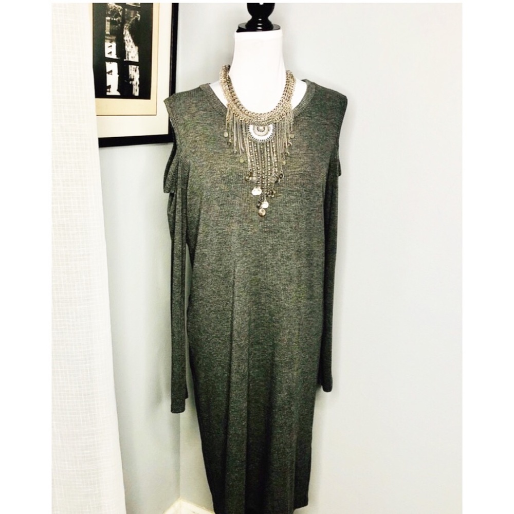 Nine 1 Eight Grey Ribbed Cold Shoulder Dress